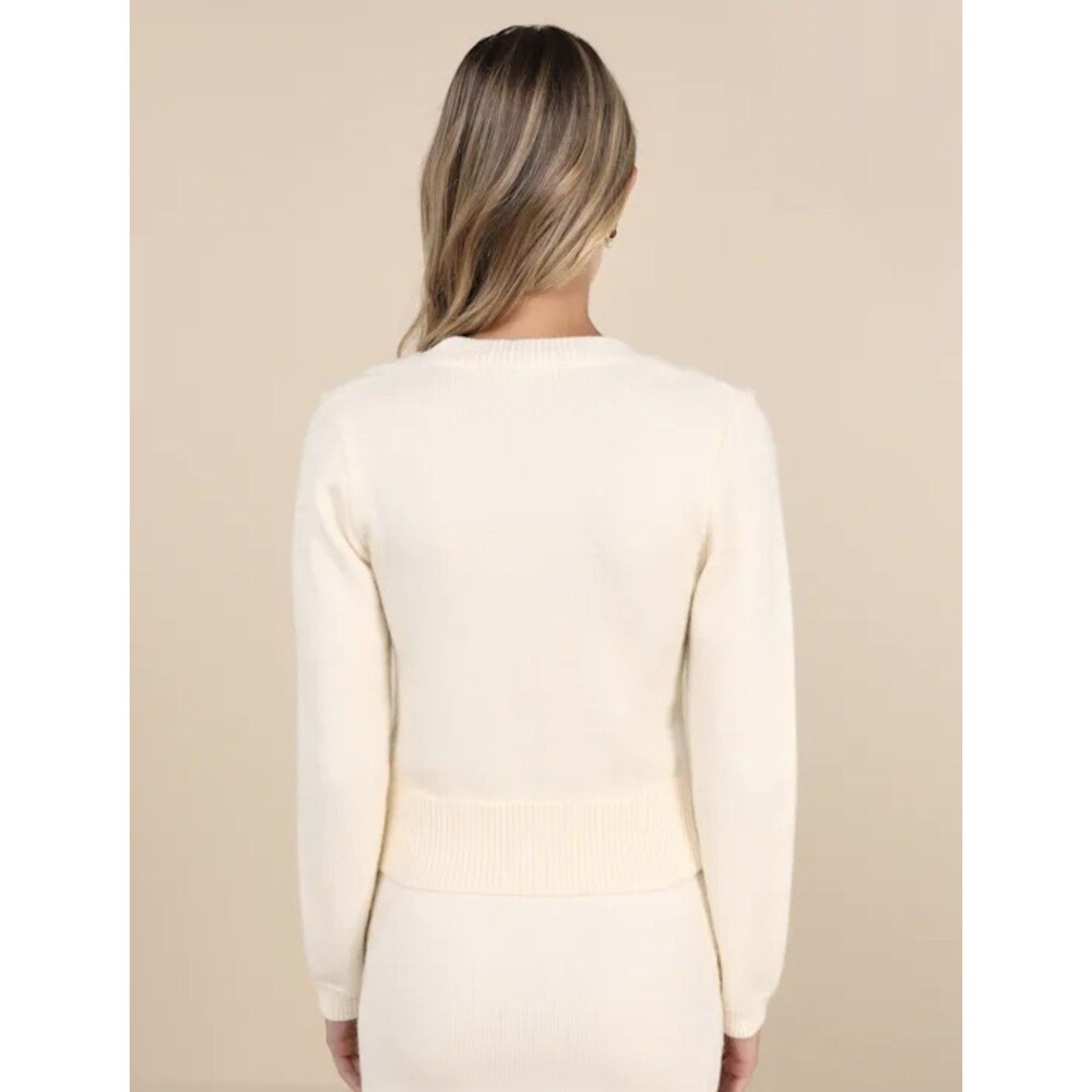 Lulus Bow Sweater Darling Sophistication White Cable Knit Crew Neck Women Medium - Picture 4 of 12